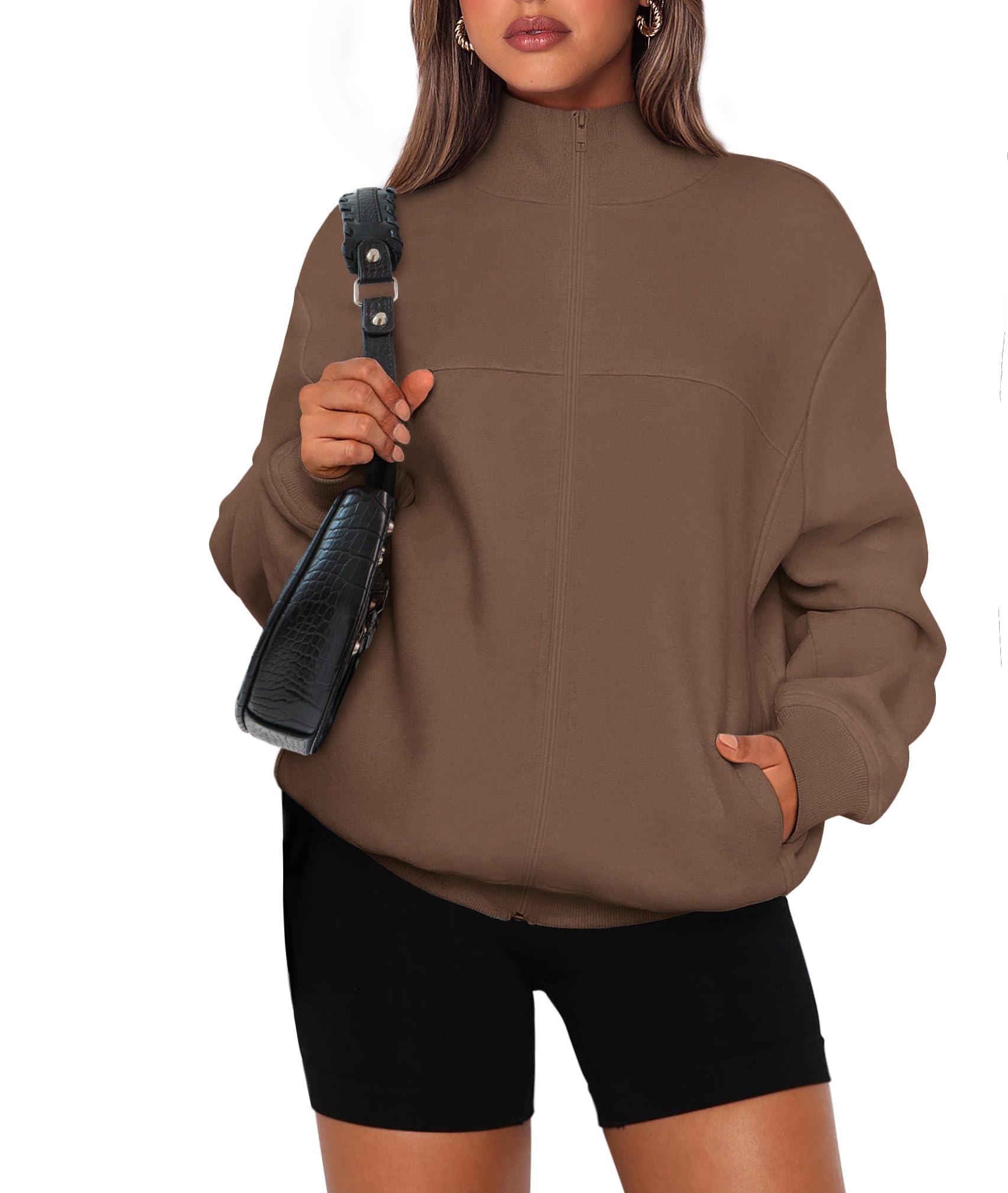 Women's Fashion Full Zip Up Loose Fit Sweatshirt Jacket With Pockets