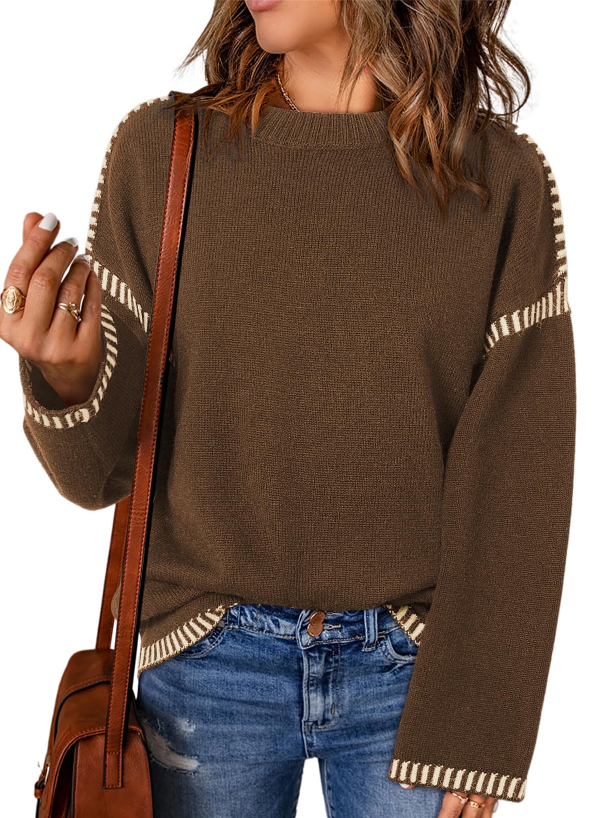 Women's Solid Crewneck Loose Fit Contrast Cable Knit Pullover Sweater