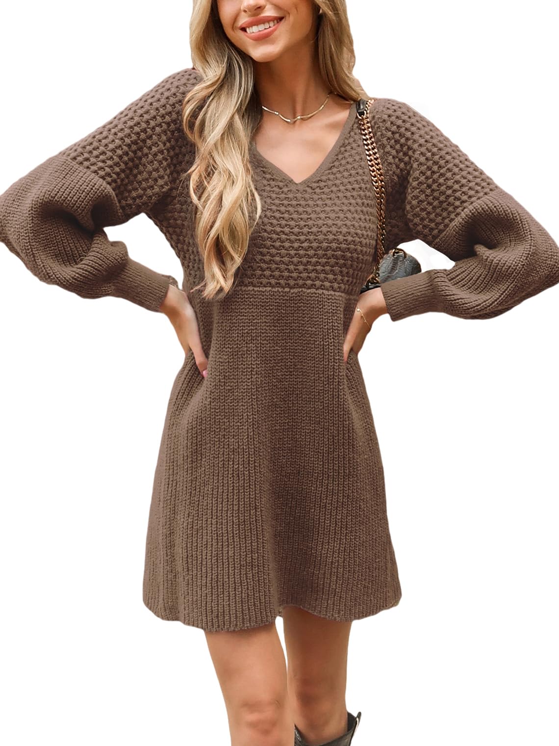Women's V Neck Honeycomb Long Sleeve Textured Sweater Dress