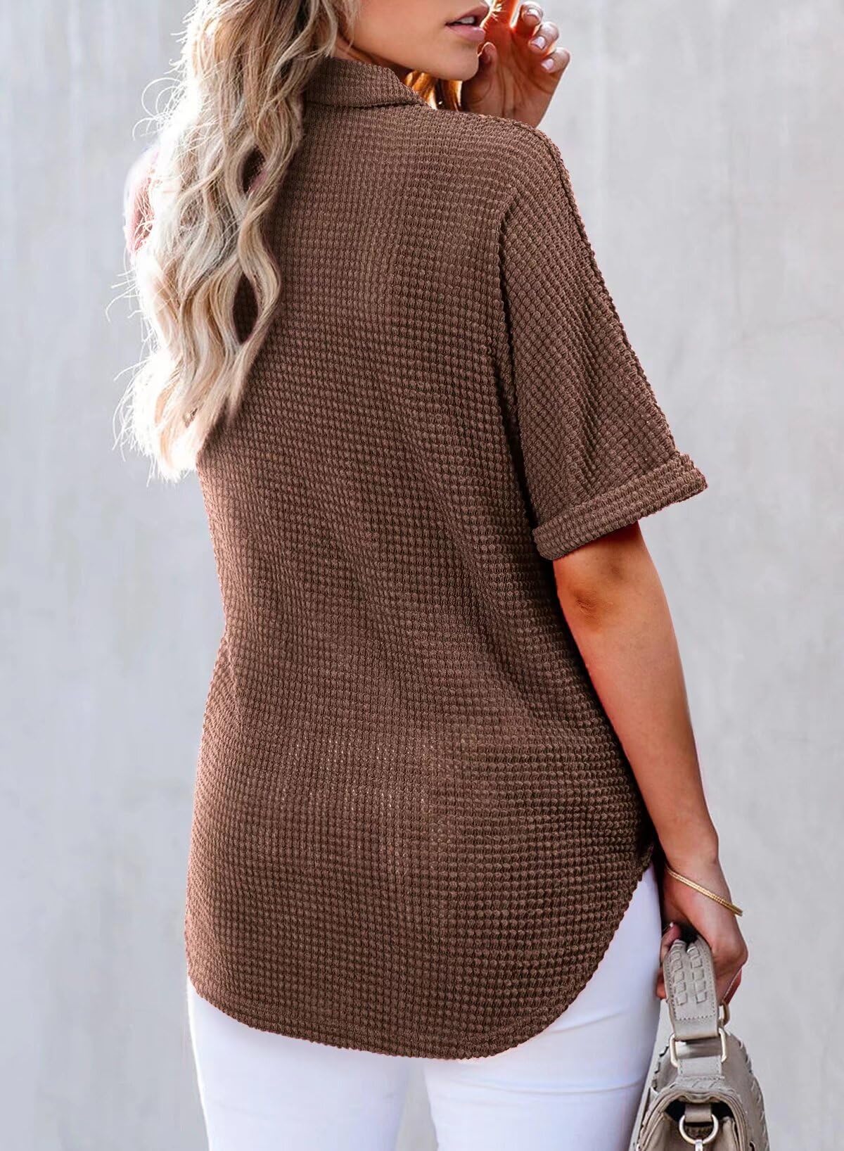 2025 New Women's Waffle Knit Short Sleeve Tunic Henley Shirts(buy 2 10% OFF)