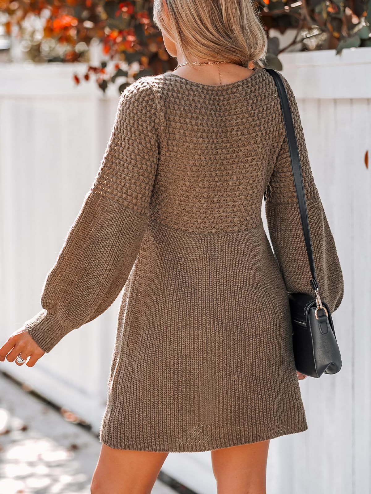 Women's V Neck Honeycomb Long Sleeve Textured Sweater Dress