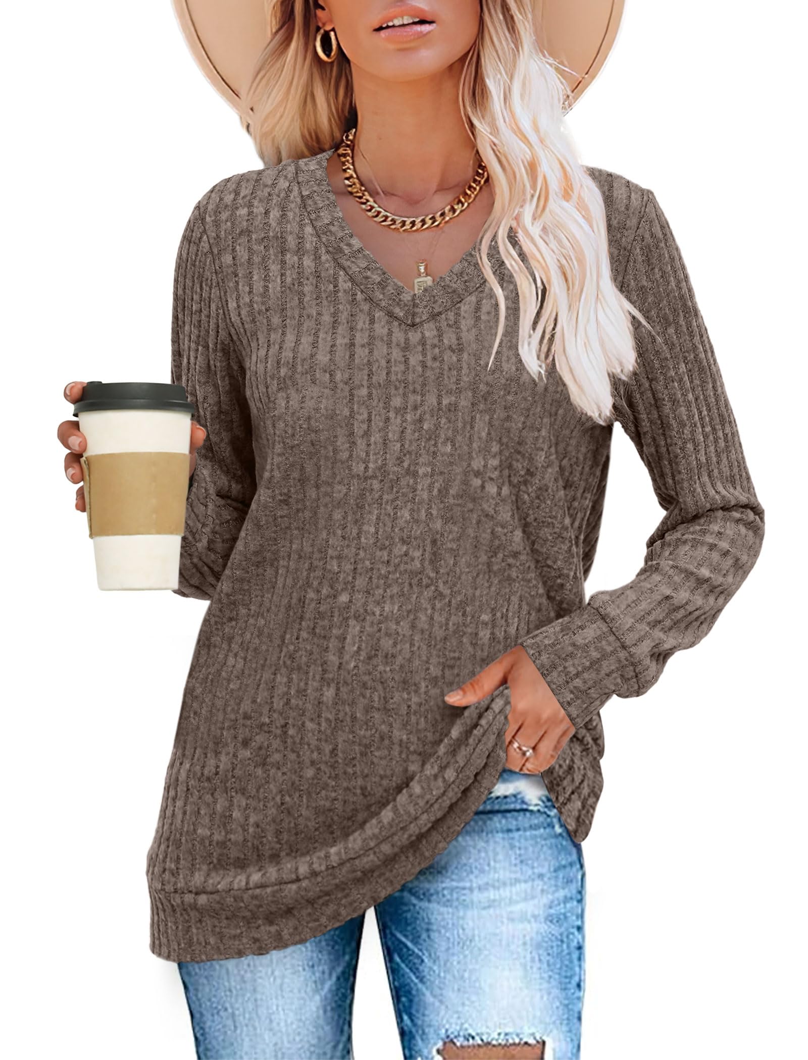 Women's Casual Fall V Neck Lightweight Tunic Sweaters 