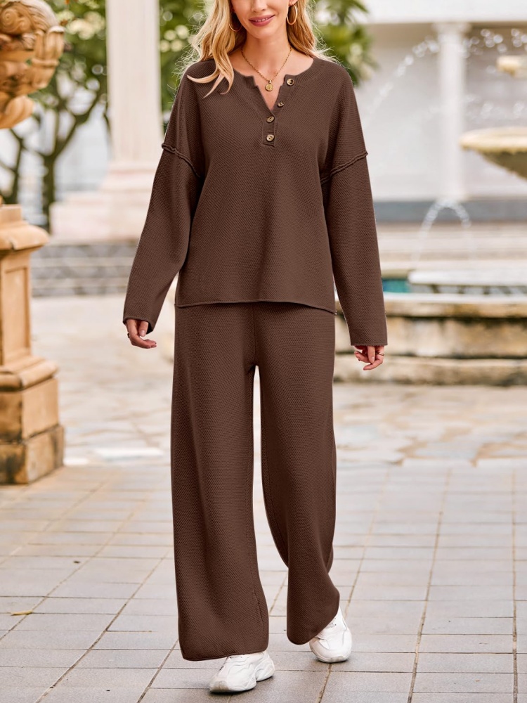 Women's Long Sleeve Button Knit Pullover Sweater and Pants Lounge 2 Piece Outfit Sets