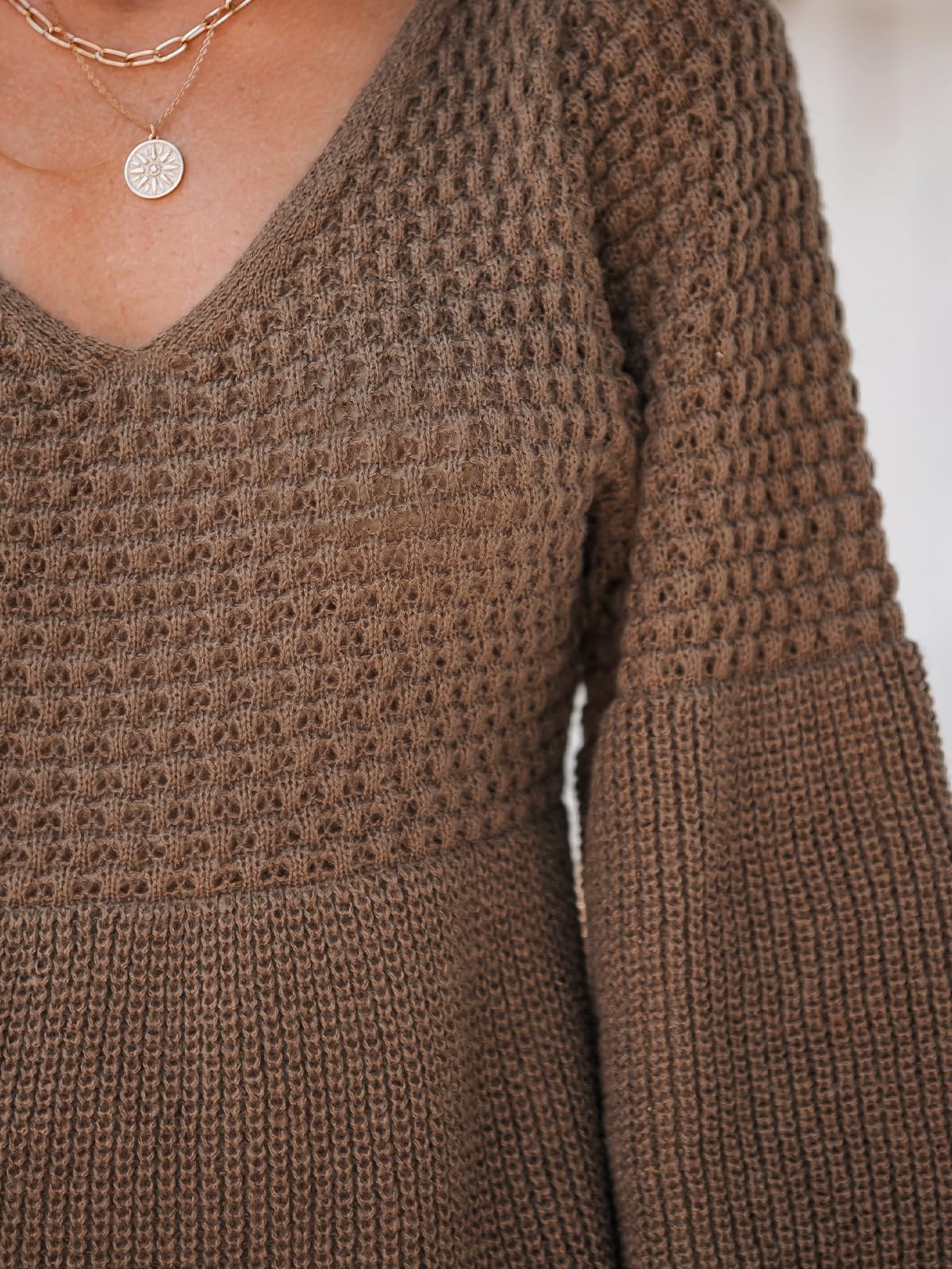 Women's V Neck Honeycomb Long Sleeve Textured Sweater Dress