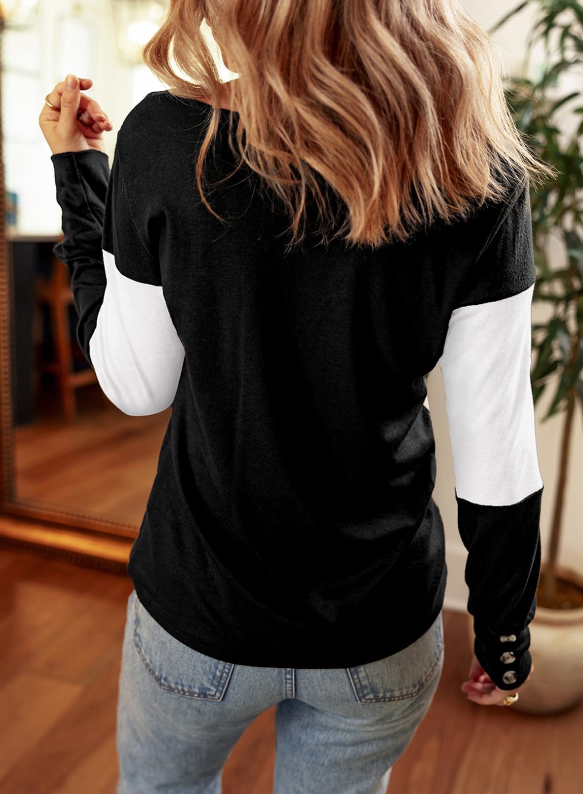 Women's Color Block Long Sleeve V Neck Casual Top