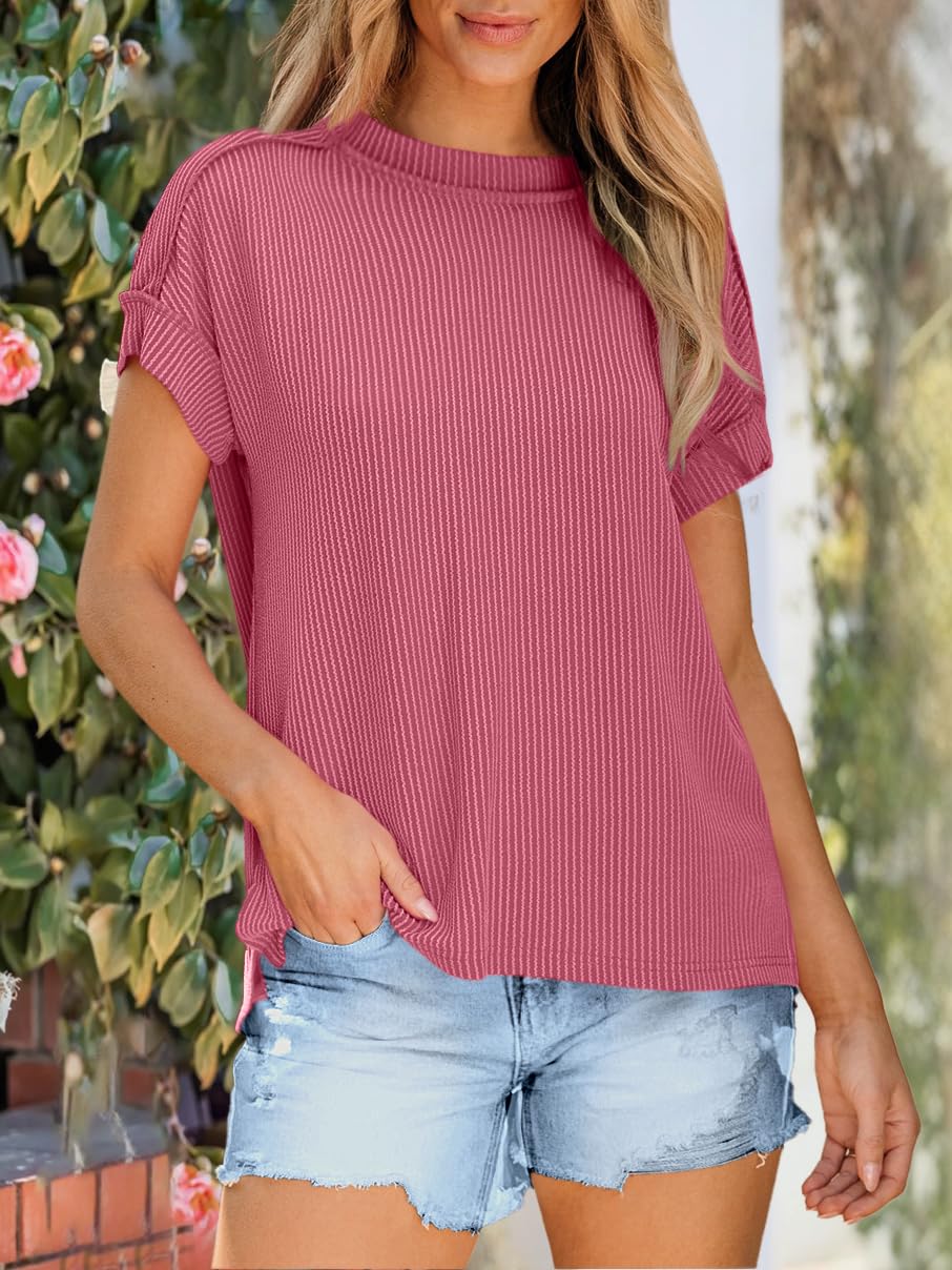 Womens Short Sleeve Crewneck Shirts Ribbed Knit High Low Hem Tops(BUY 2 10% off)