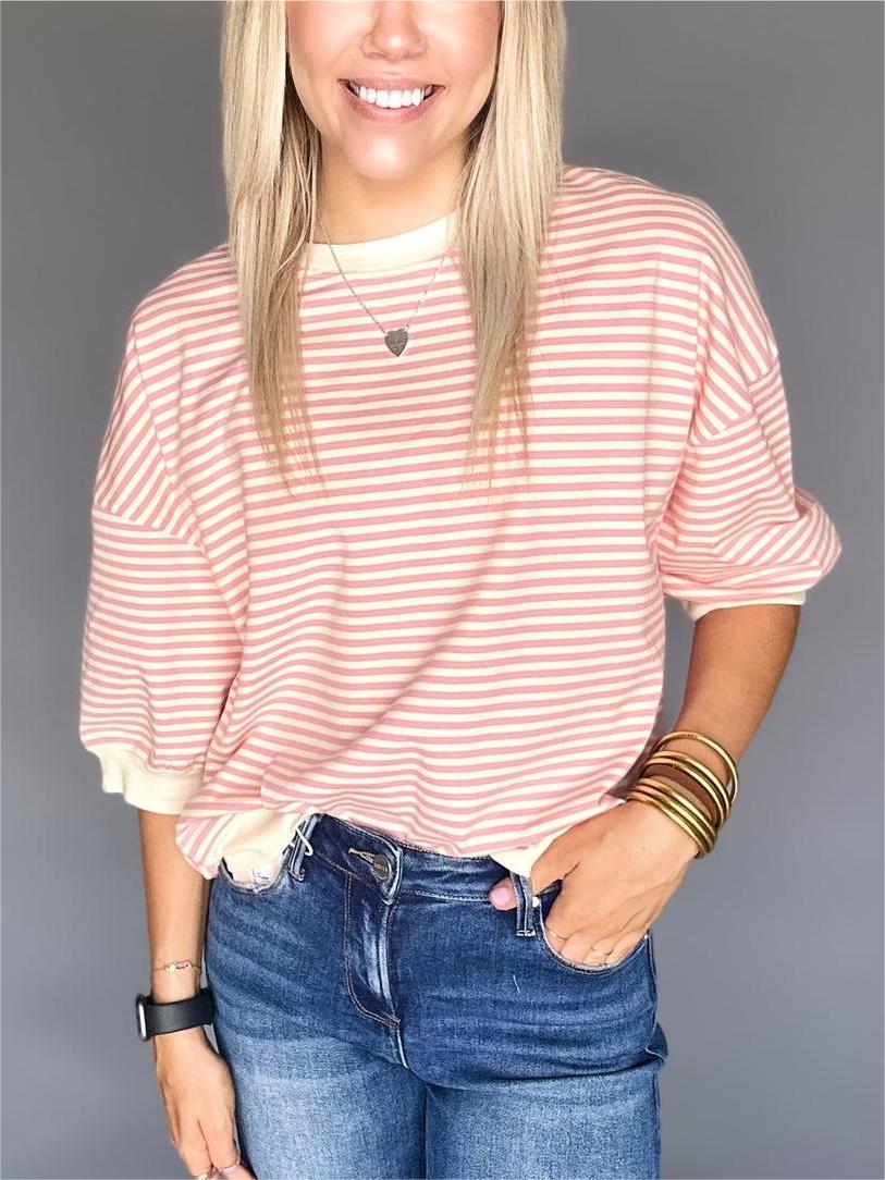 Women's Casual Crew Neck Stripe Short Sleeve Top🔥Buy 2 Free Shipping