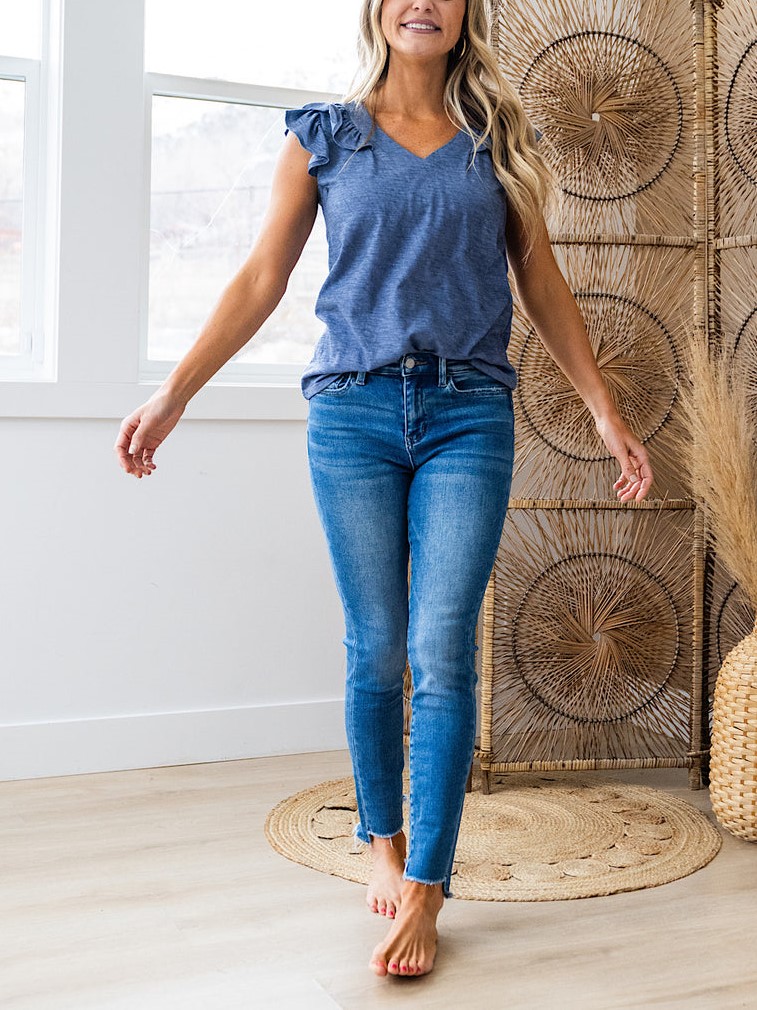 HOT SALE V Neck Flutter Ruffle Smocked Sleeve Top