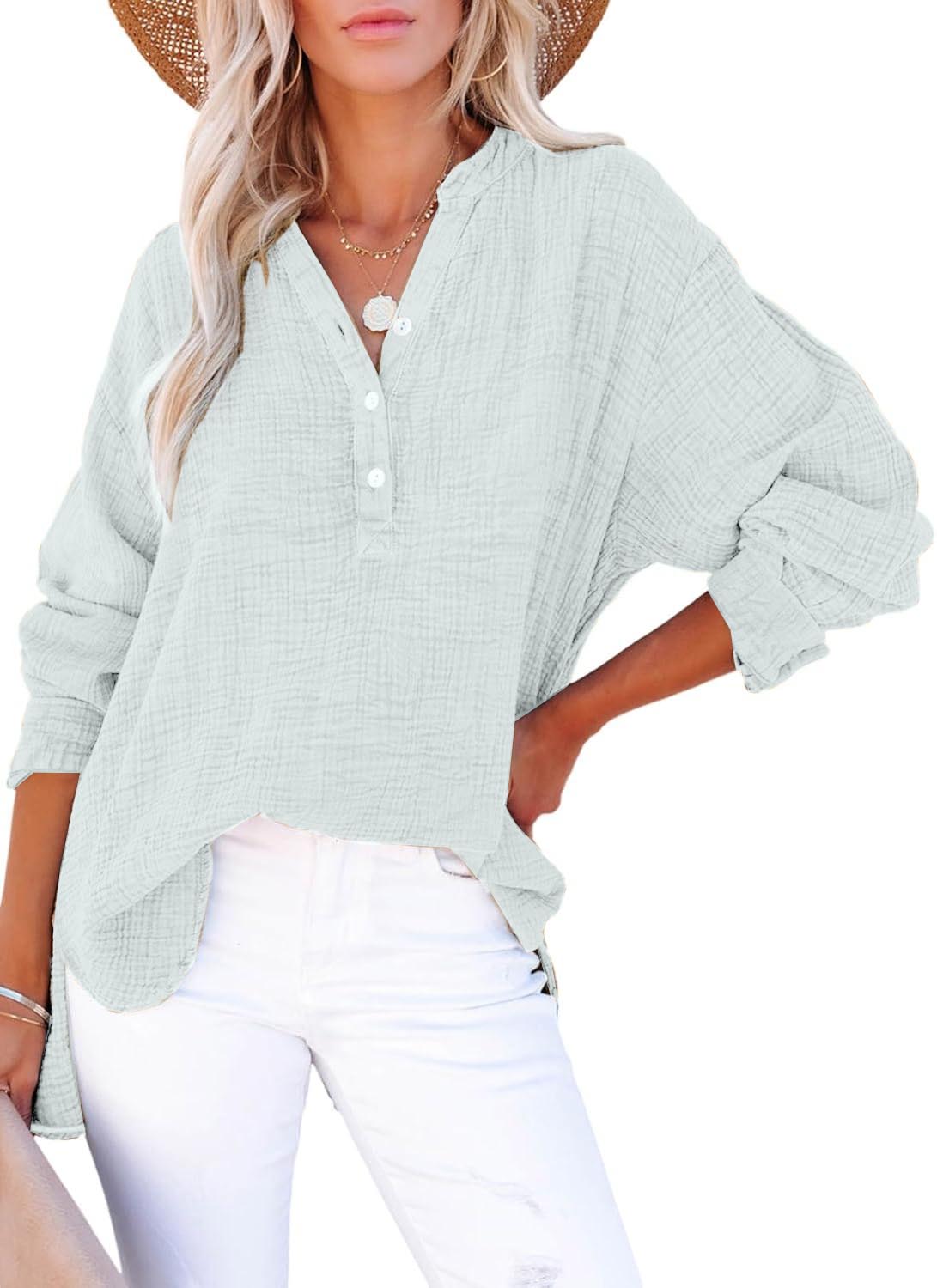 Womens Casual Gauze Muslin Button Neck Long Sleeve Oversized  Blouses Tops(BUY 2 FREE SHIPPING)