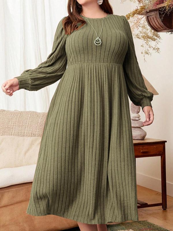 Plus Size Solid Color Bishop Sleeve A Line Dress