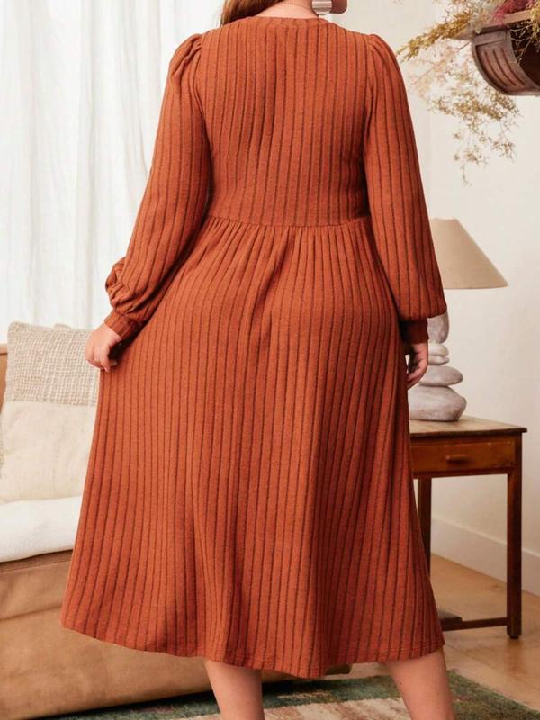 Plus Size Solid Color Bishop Sleeve A Line Dress