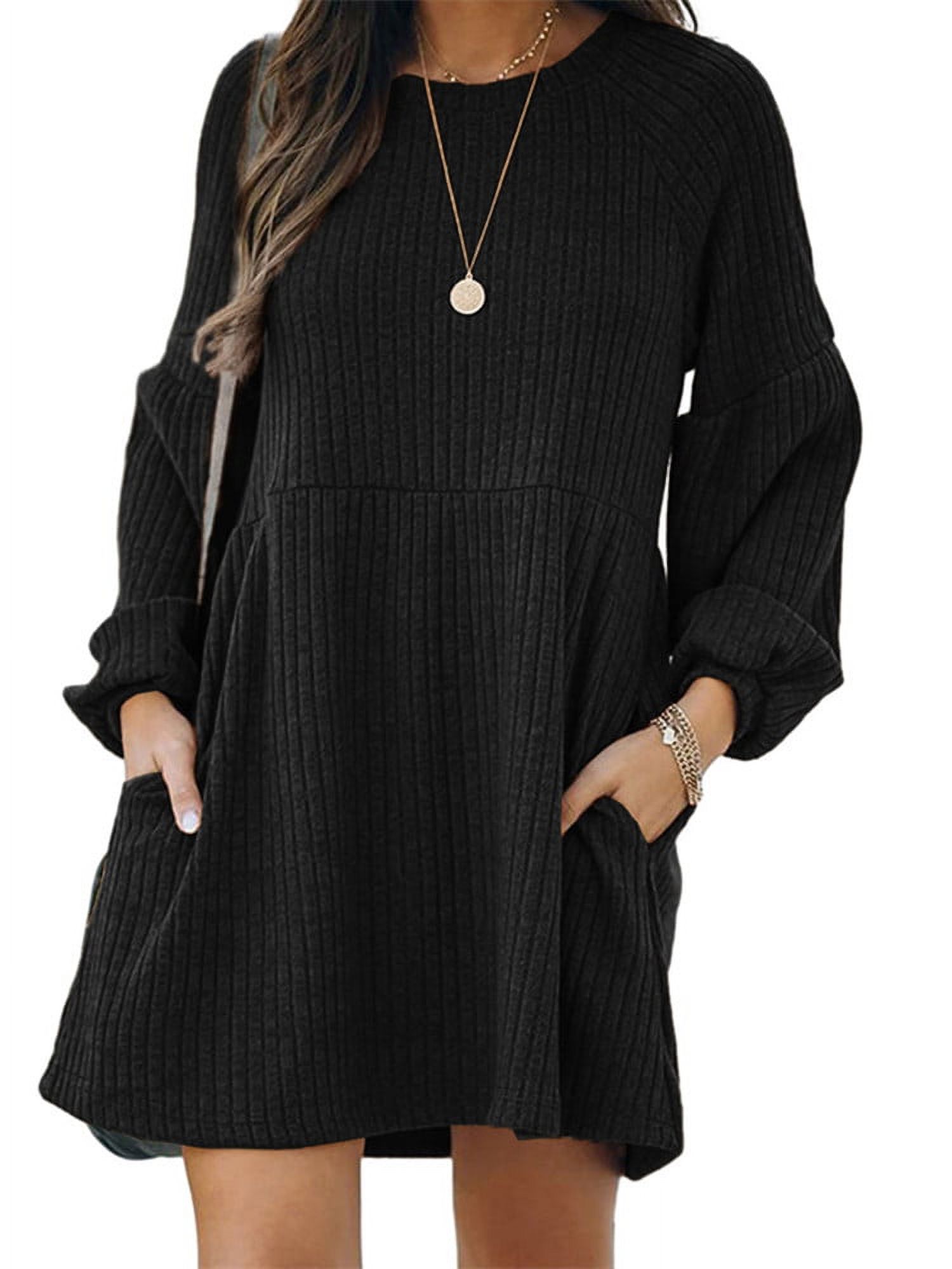 Minimalist Chic Plain Textured Ribbed Pocket Bishop Sleeve Crewneck Dress