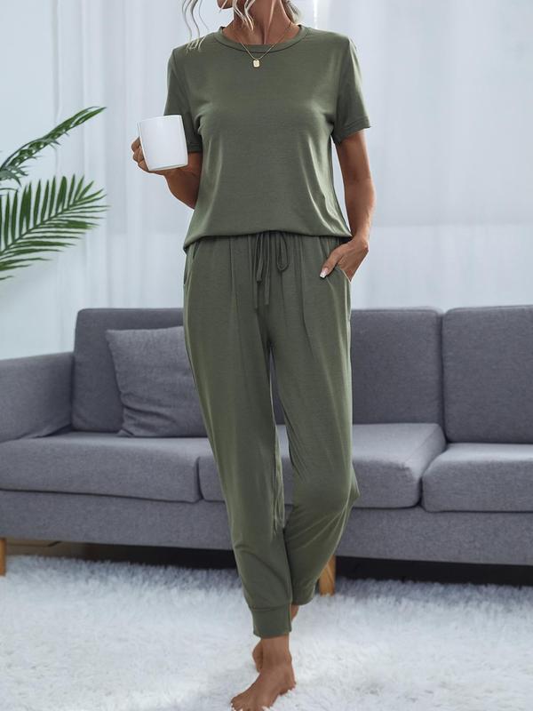 Women's Casual Cozy 2 Piece Wear T-shirt&Cropped Pocket Drawstring Pants Set
