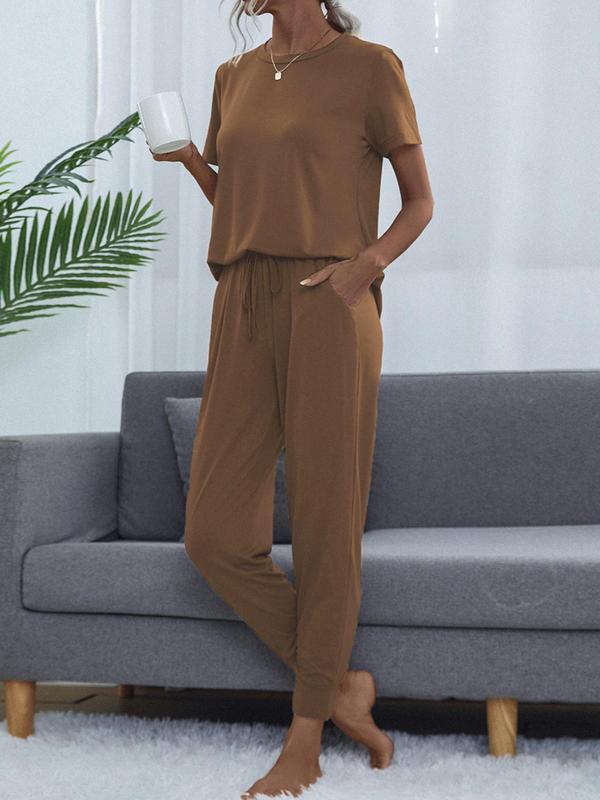 Women's Casual Cozy 2 Piece Wear T-shirt&Cropped Pocket Drawstring Pants Set