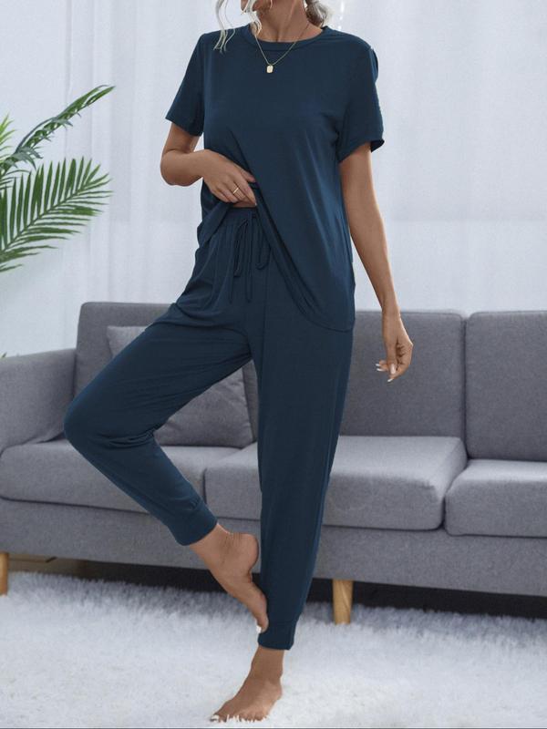 Women's Casual Cozy 2 Piece Wear T-shirt&Cropped Pocket Drawstring Pants Set