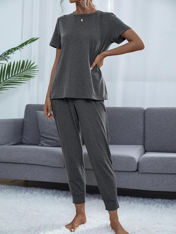 Women's Casual Cozy 2 Piece Wear T-shirt&Cropped Pocket Drawstring Pants Set