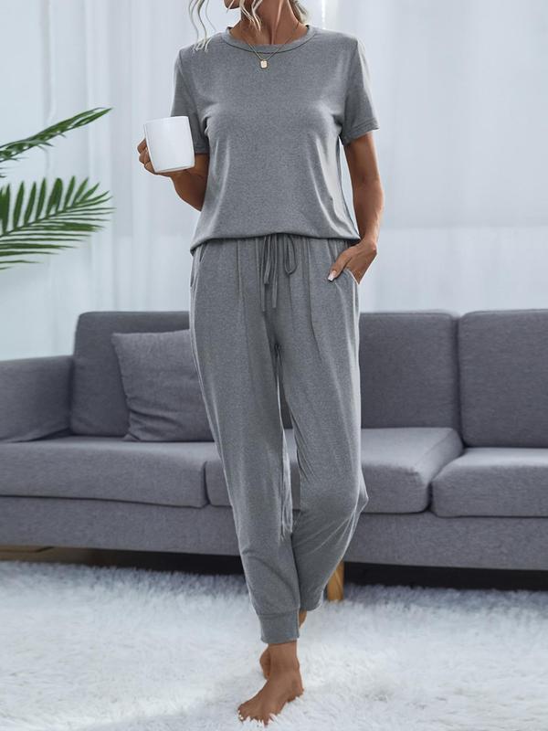 Women's Casual Cozy 2 Piece Wear T-shirt&Cropped Pocket Drawstring Pants Set