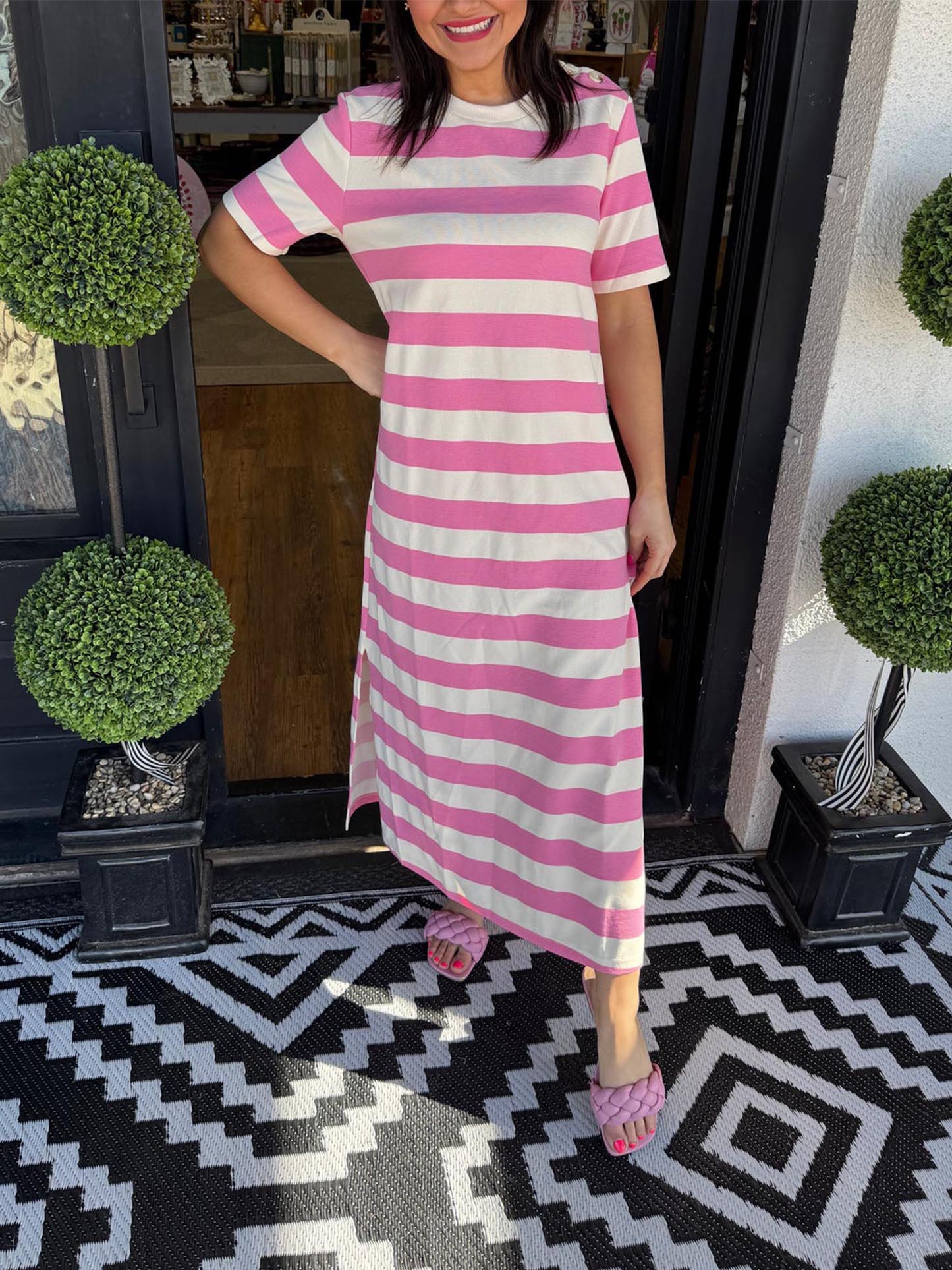 Women's short sleeve striped slit dress(Buy 2 Free Shipping)