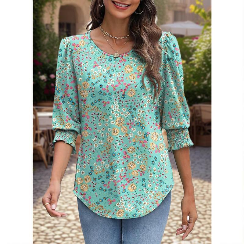 Women Dressy Casual 3/4 Length Sleeve Womens Tops with Smocked Cuffs