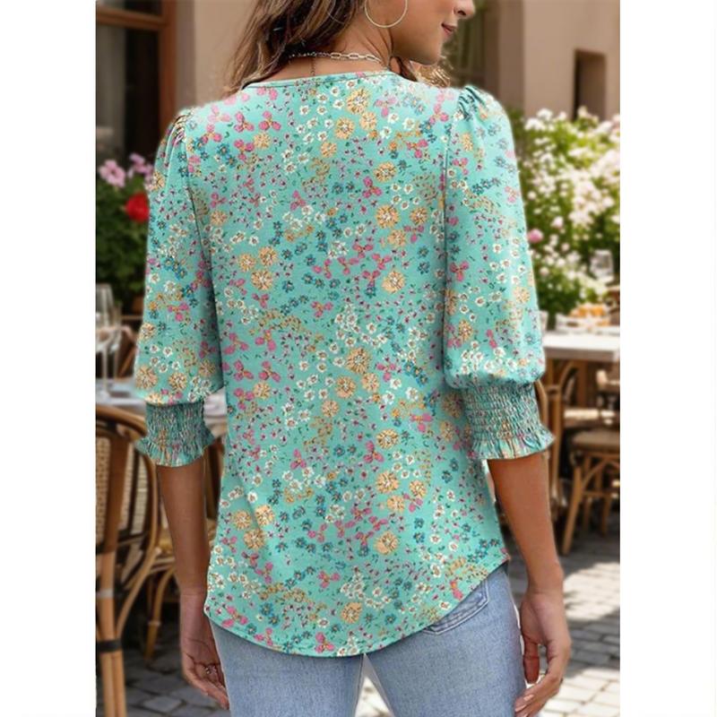 Women Dressy Casual 3/4 Length Sleeve Womens Tops with Smocked Cuffs