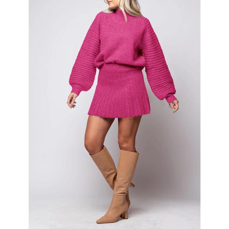 Women's 2 Piece Outfits Long Sleeve Mock Neck Ribbed Sweaters And Mini Skirt Two Piece Sets