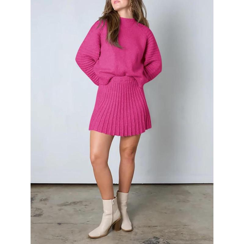 Women's 2 Piece Outfits Long Sleeve Mock Neck Ribbed Sweaters And Mini Skirt Two Piece Sets