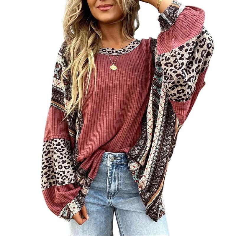 Limited time sale🔥Womens Loose fit Long Sleeve Oversized Retro Leopard Contrast Patchwork Top