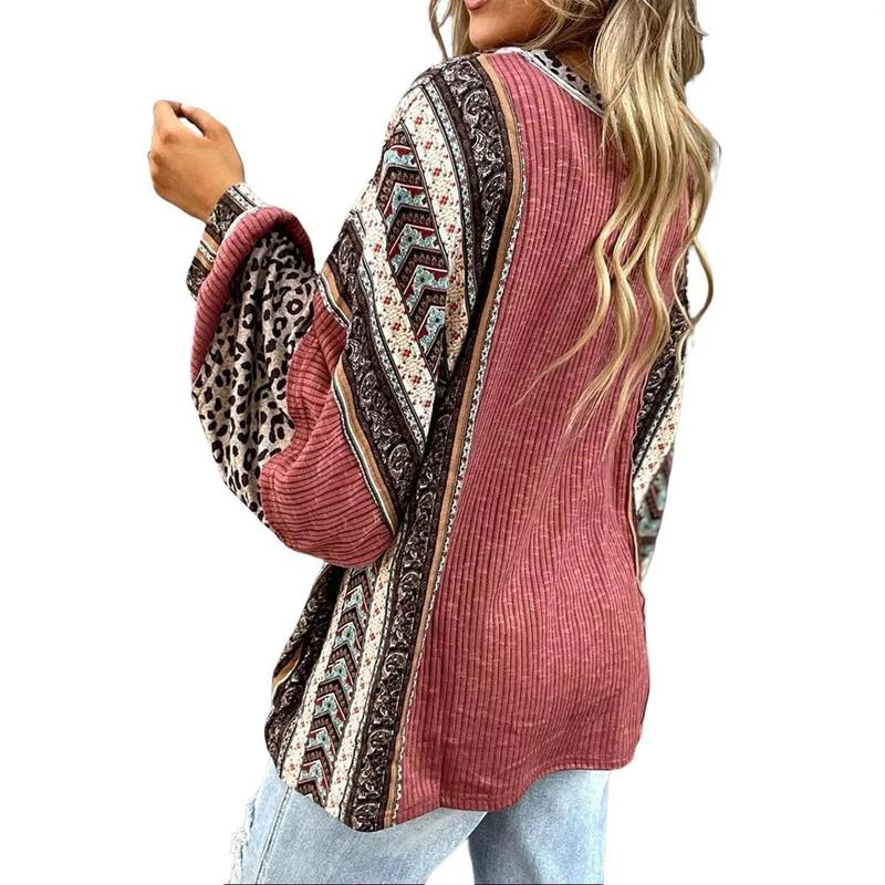 Limited time sale🔥Womens Loose fit Long Sleeve Oversized Retro Leopard Contrast Patchwork Top