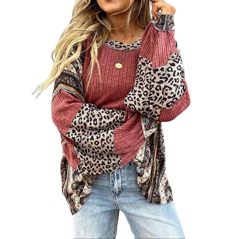 Limited time sale🔥Womens Loose fit Long Sleeve Oversized Retro Leopard Contrast Patchwork Top