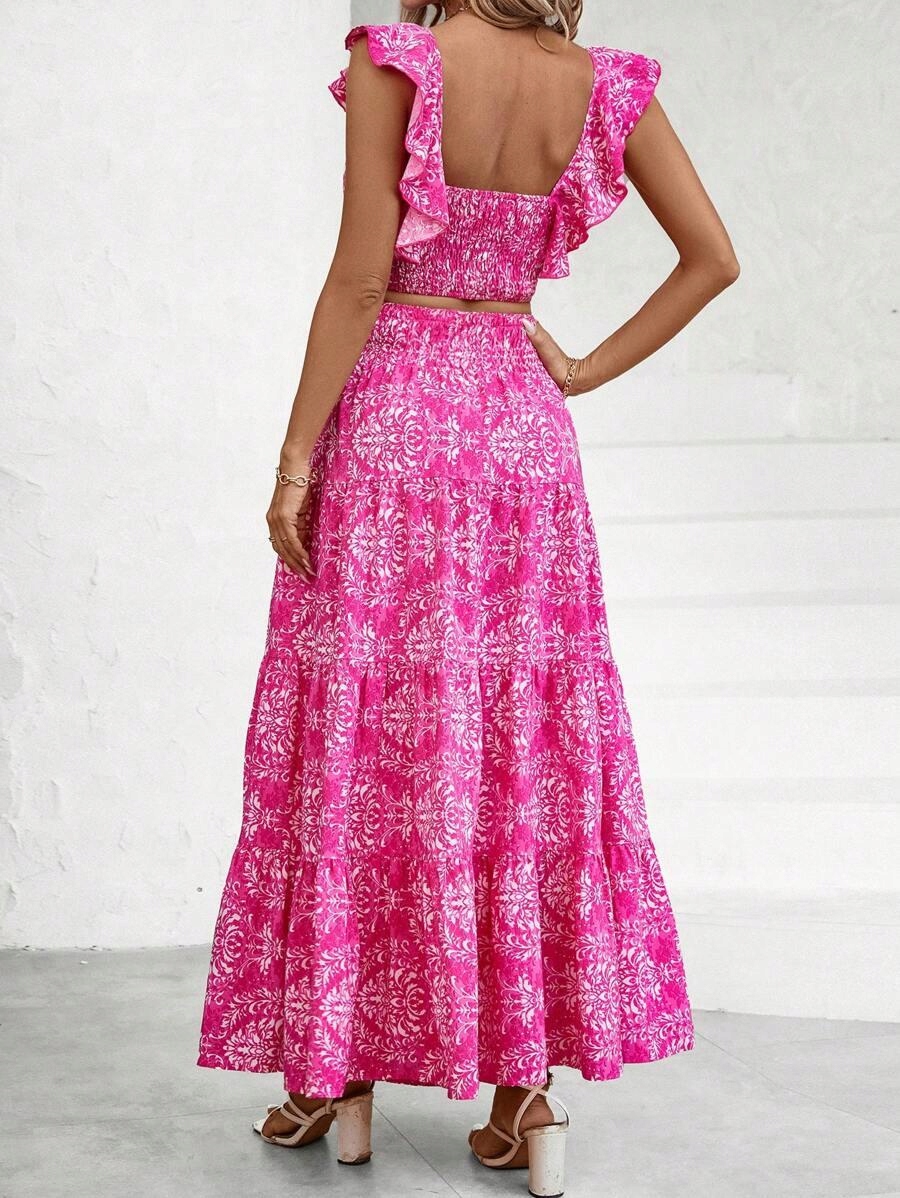 All-over Print Suspender Ruffle Trim Top & Skirt Casual Vacation Set