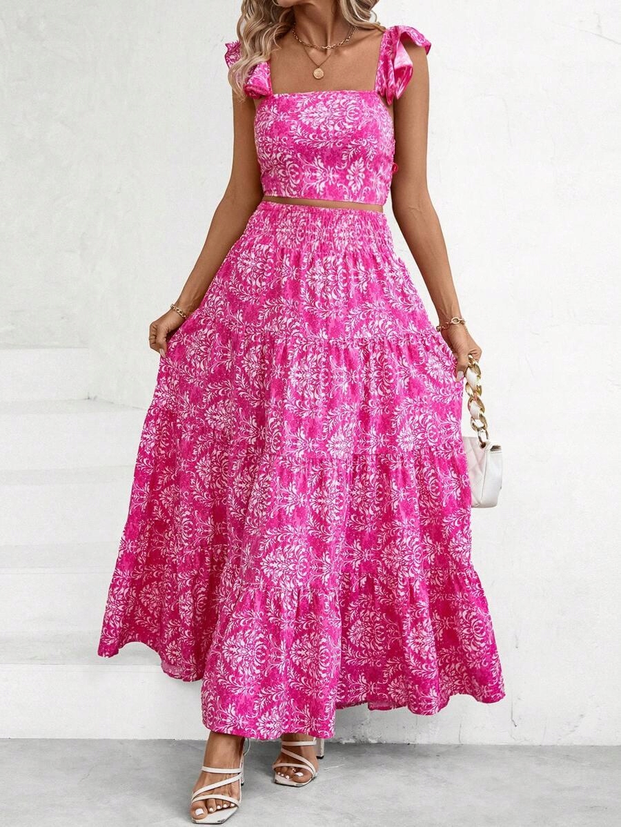 All-over Print Suspender Ruffle Trim Top & Skirt Casual Vacation Set