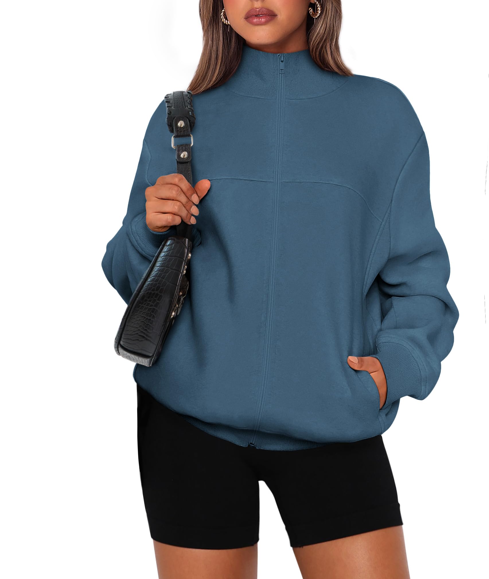 Women's Fashion Full Zip Up Loose Fit Sweatshirt Jacket With Pockets