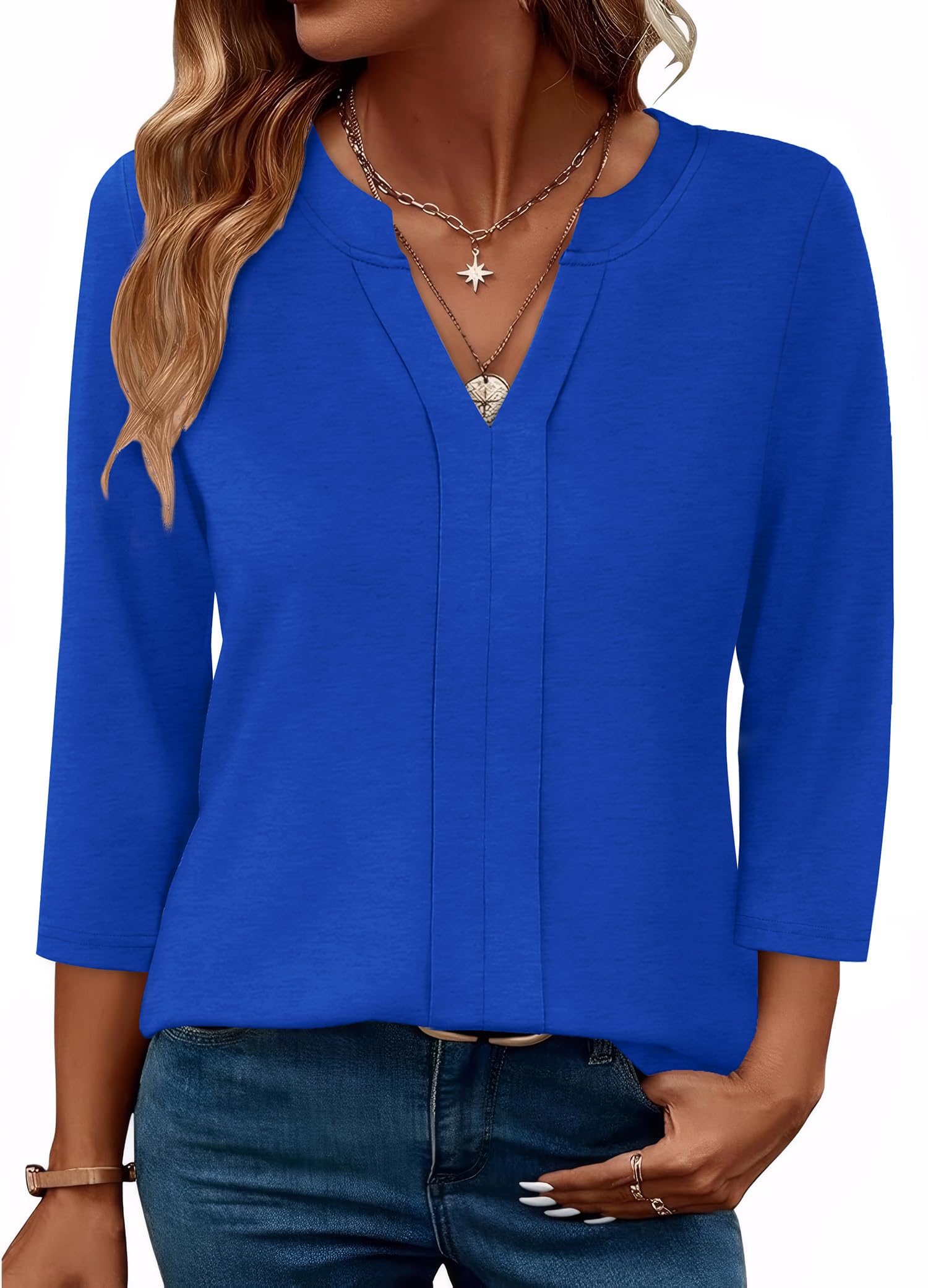 Womens 3/4 Length Sleeve Tops V Neck Pleated Work Blouses(buy 3 free shipping)