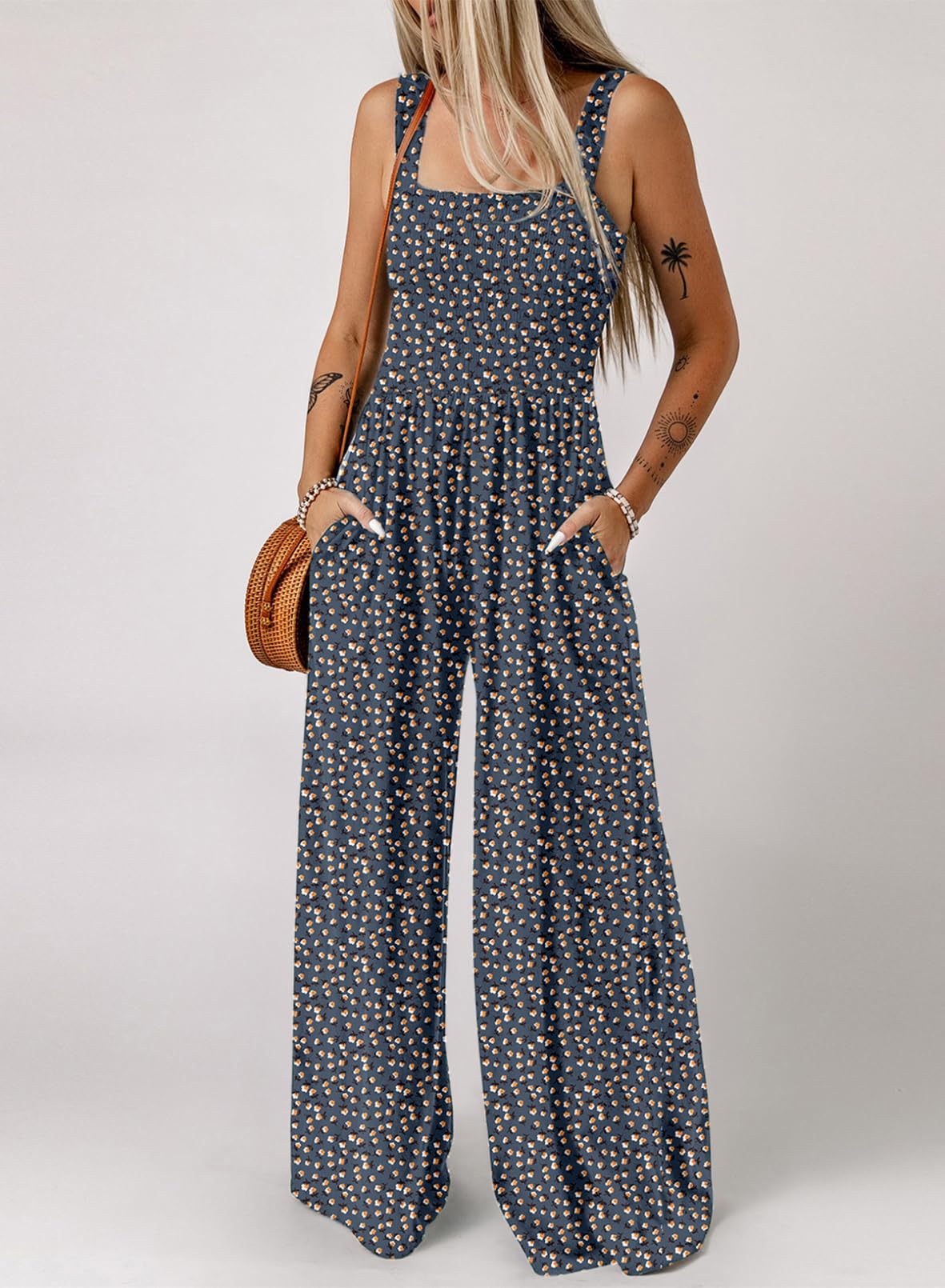 Womens Overalls Casual Floral Print Sleeveless Jumpsuit with Pockets