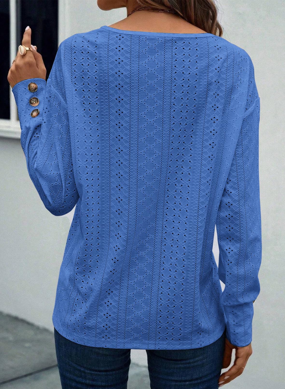 Women's Casual V Neck Long Sleeve Hollow Out Lace Embroidered Tops