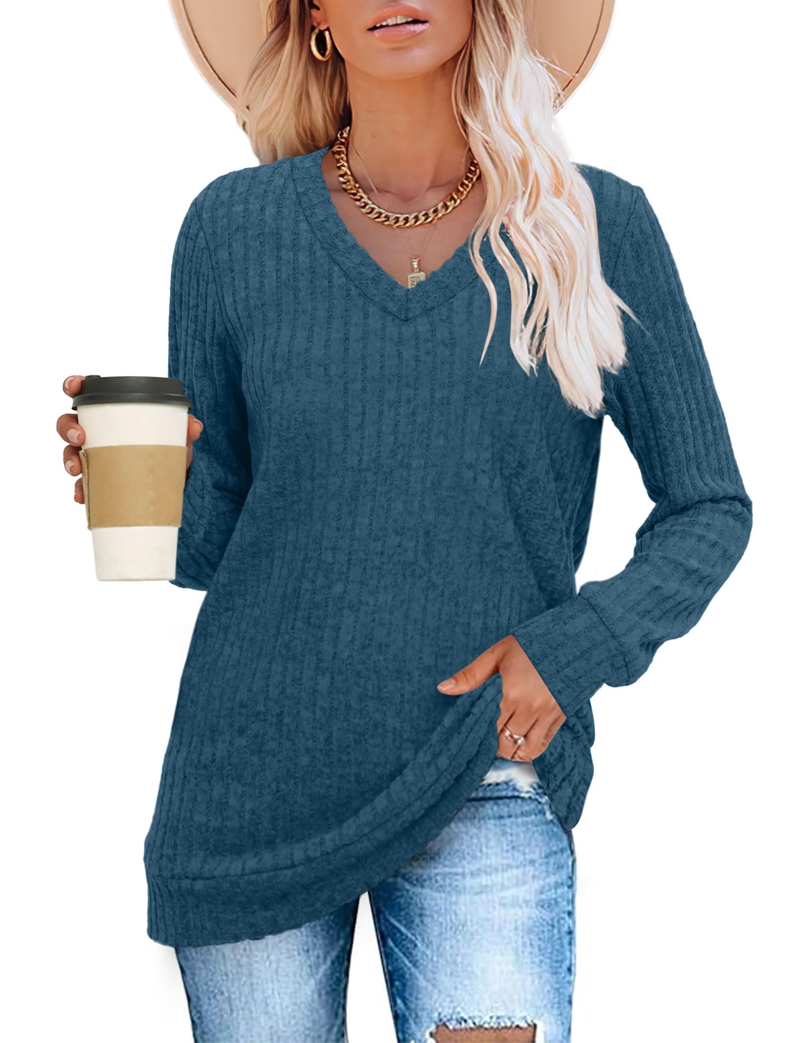 Women's Casual Fall V Neck Lightweight Tunic Sweaters 