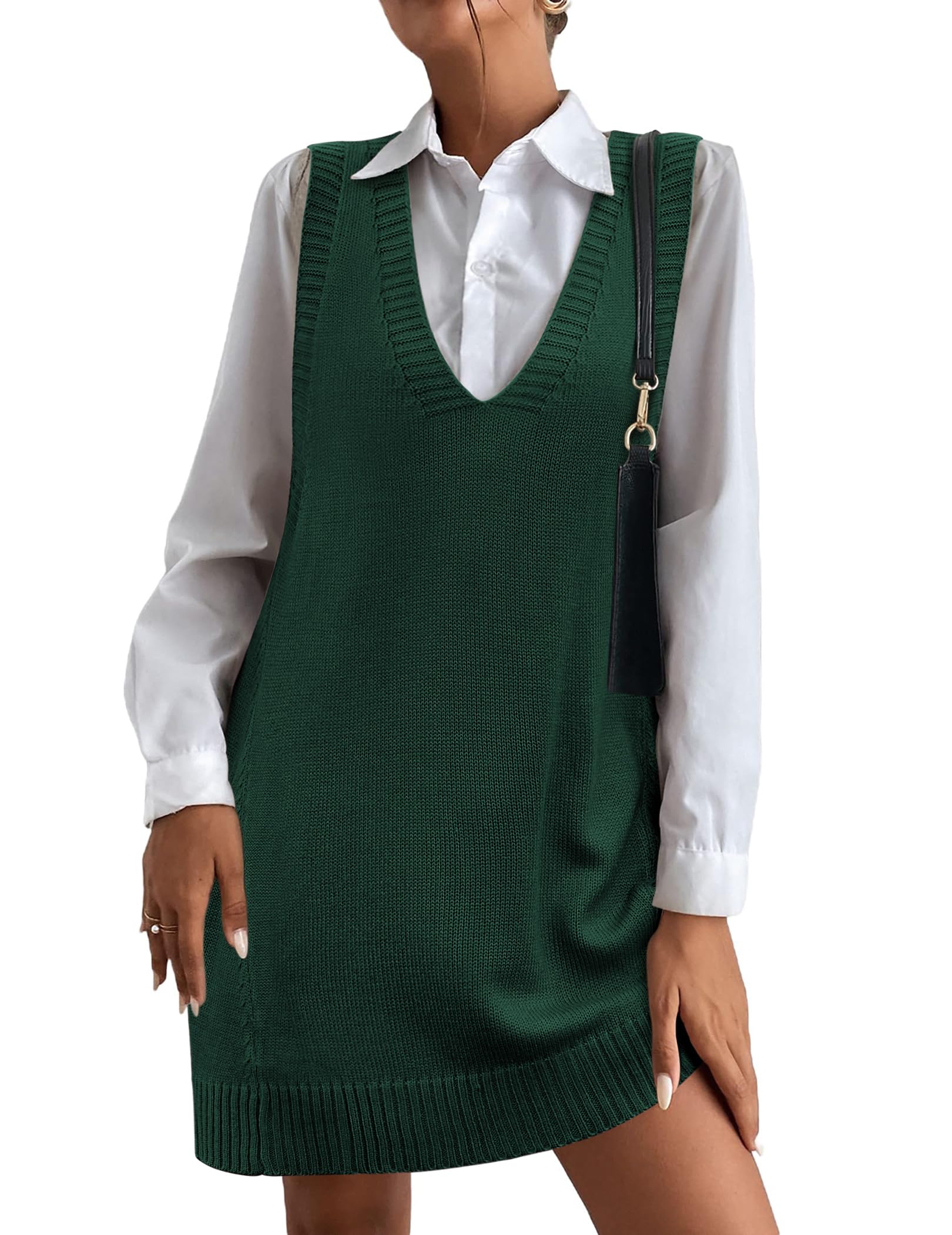 Women Oversized V Neck Sleeveless Knit Pullover Ribbed Vest Dress with Pockets