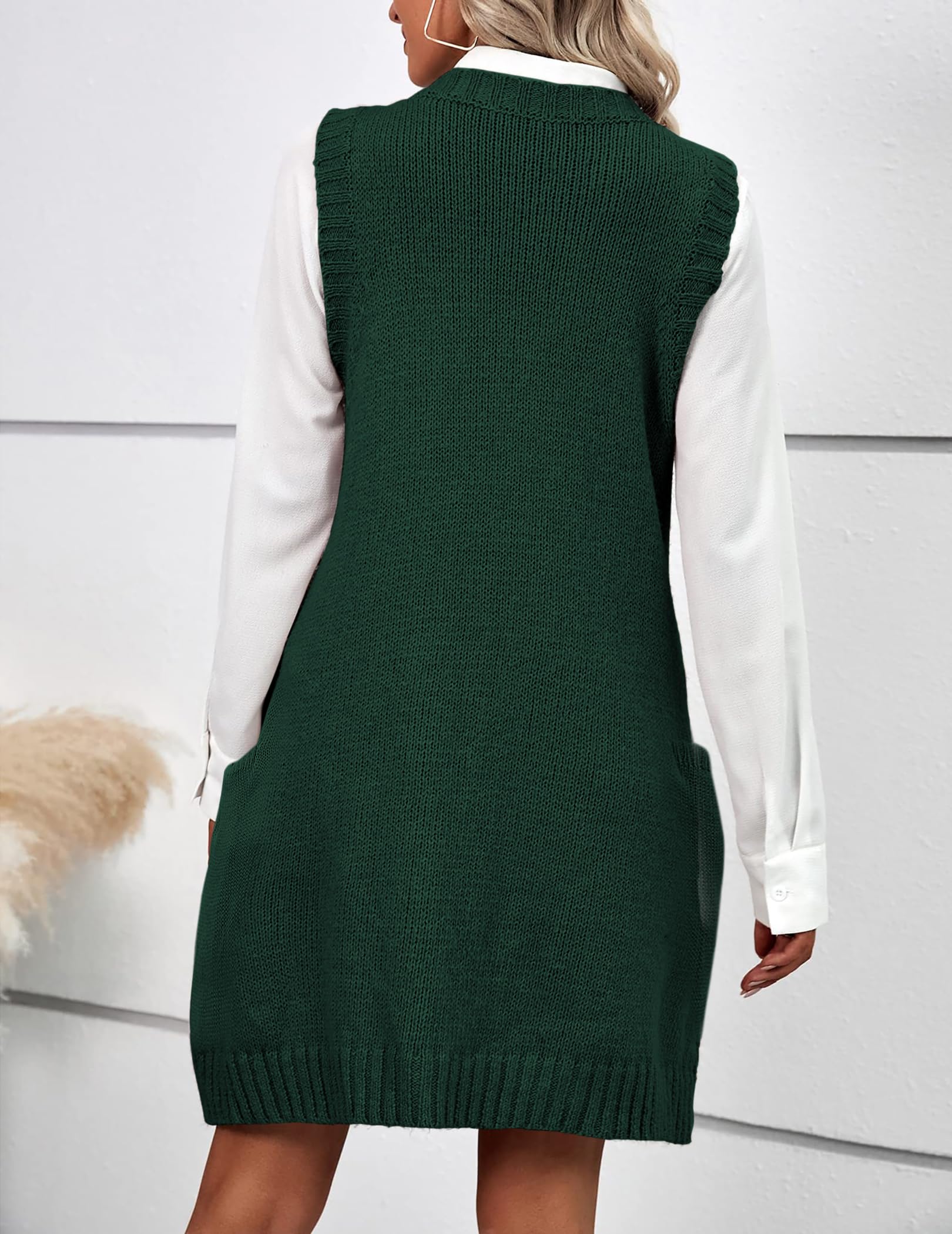 Women Oversized V Neck Sleeveless Knit Pullover Ribbed Vest Dress with Pockets