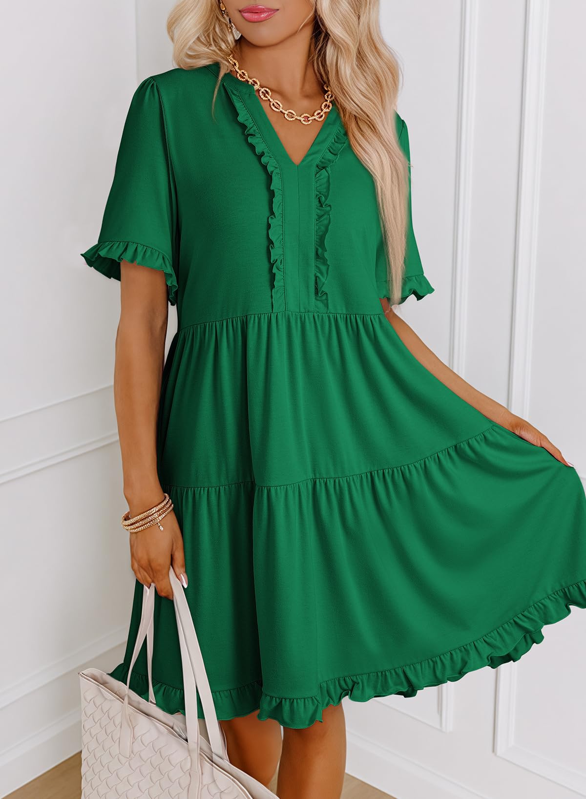 2025 New Women's V Neck Short Sleeve Casual A Line Flowy Swing Shift Dress(buy 2 free shipping)