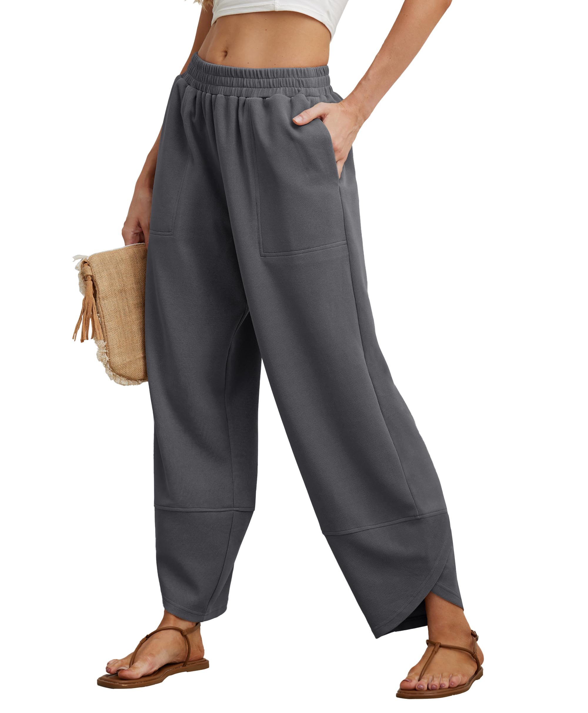 Women's Cotton Elastic Waisted Baggy Wide Leg Pants With Pockets