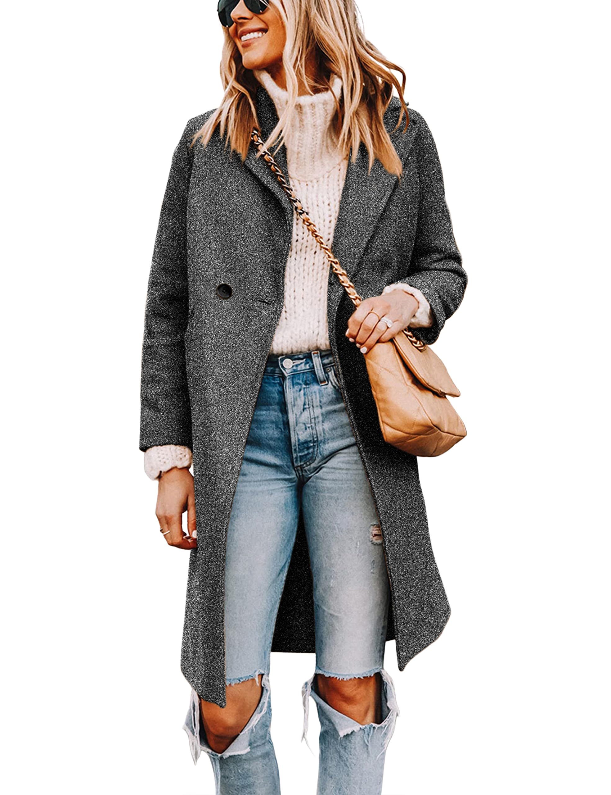 Women's Notch Lapel Double Breasted Wool Blend Mid Long Pea Trench Coat
