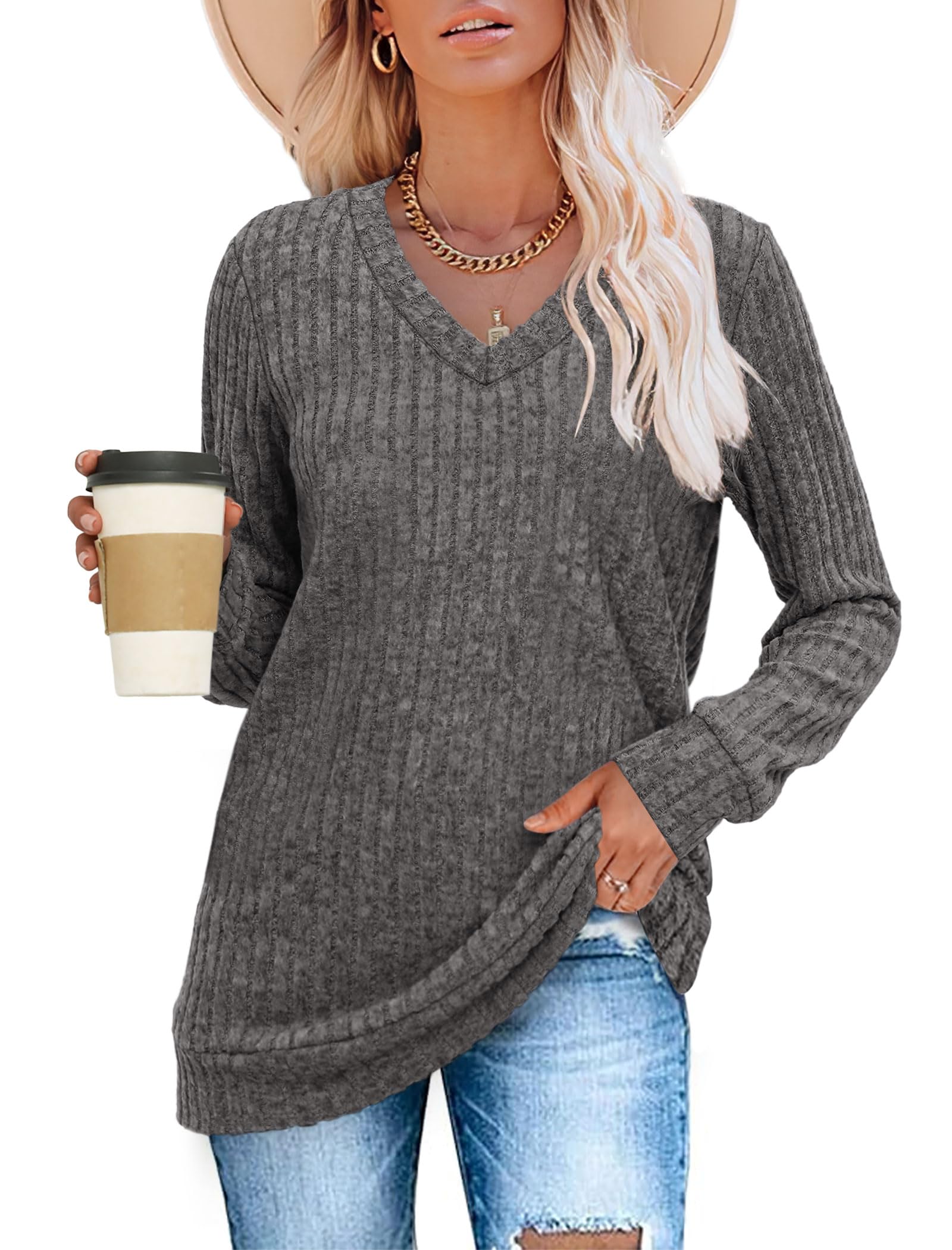 Women's Casual Fall V Neck Lightweight Tunic Sweaters 