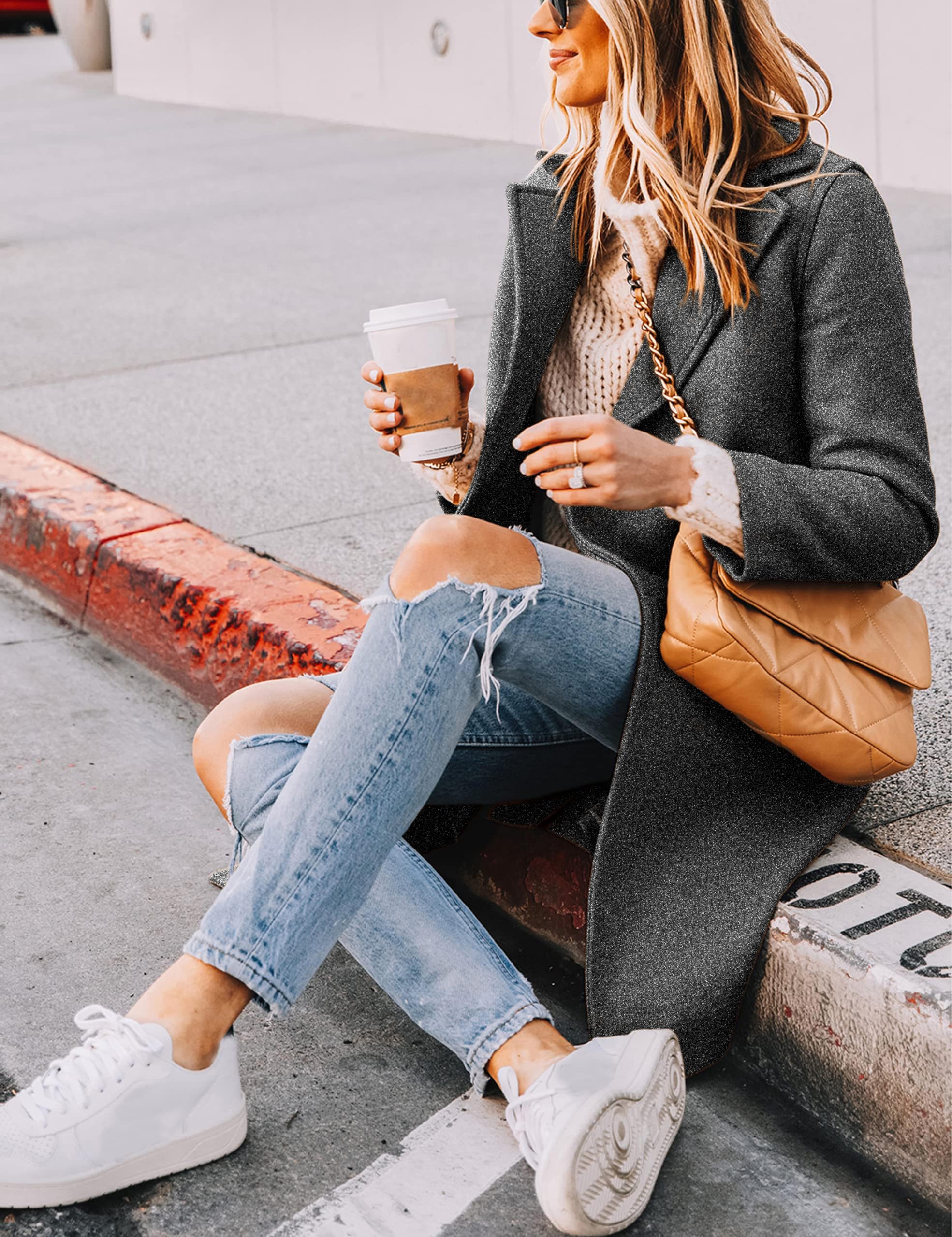 Women's Notch Lapel Double Breasted Wool Blend Mid Long Pea Trench Coat