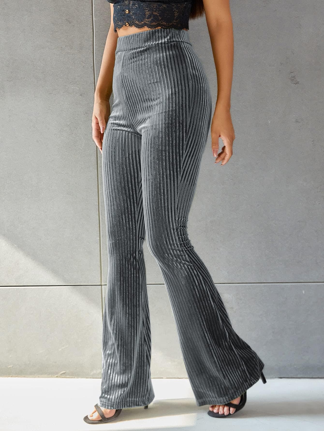 Women's Velvet Elastic Waist Flare Leg Palazzo Long Pants Trousers