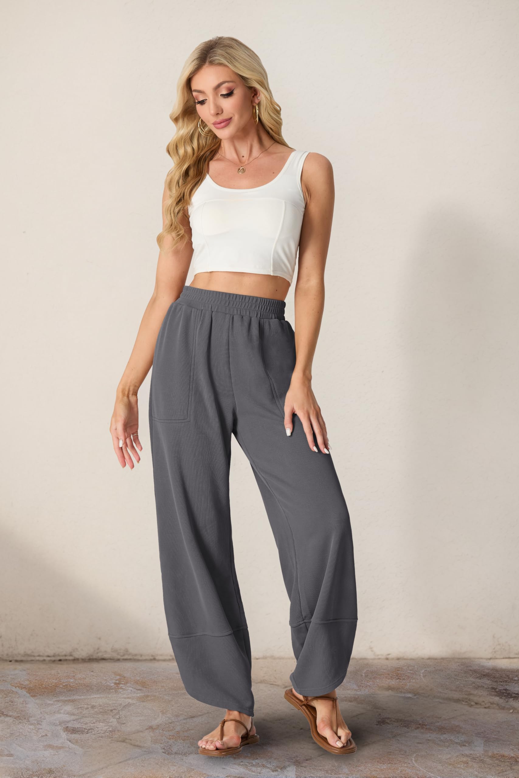 Women's Cotton Elastic Waisted Baggy Wide Leg Pants With Pockets