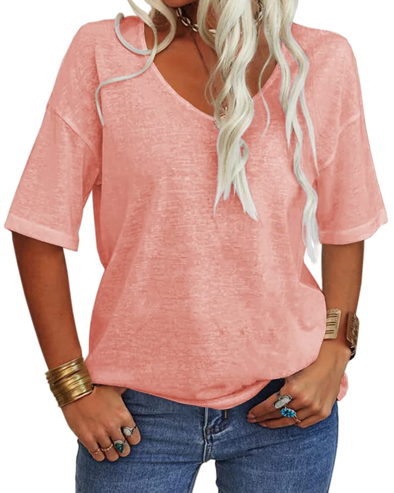 Women's Solid V-Neck Half Sleeves Oversized T Shirt