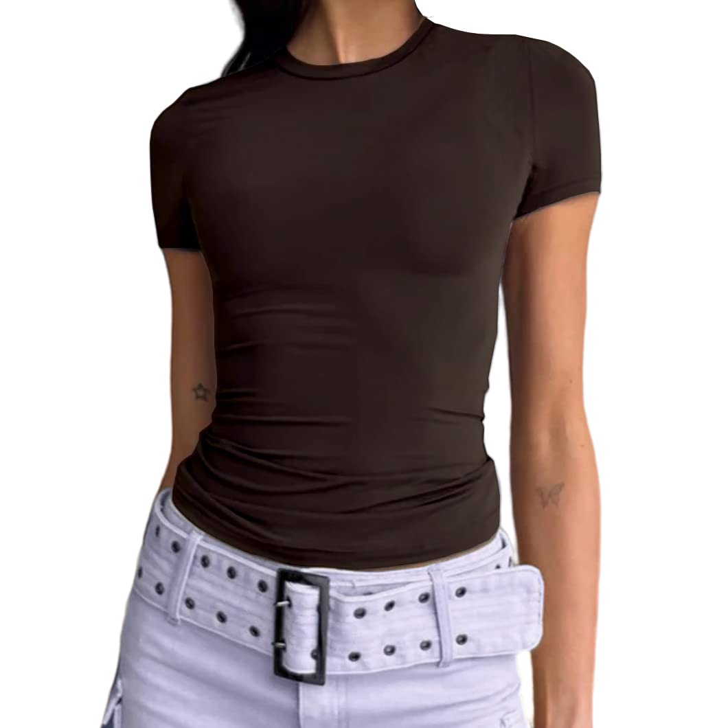 Slim Fit Short Sleeve Crew Neck Tight T Shirts-Pink Laura