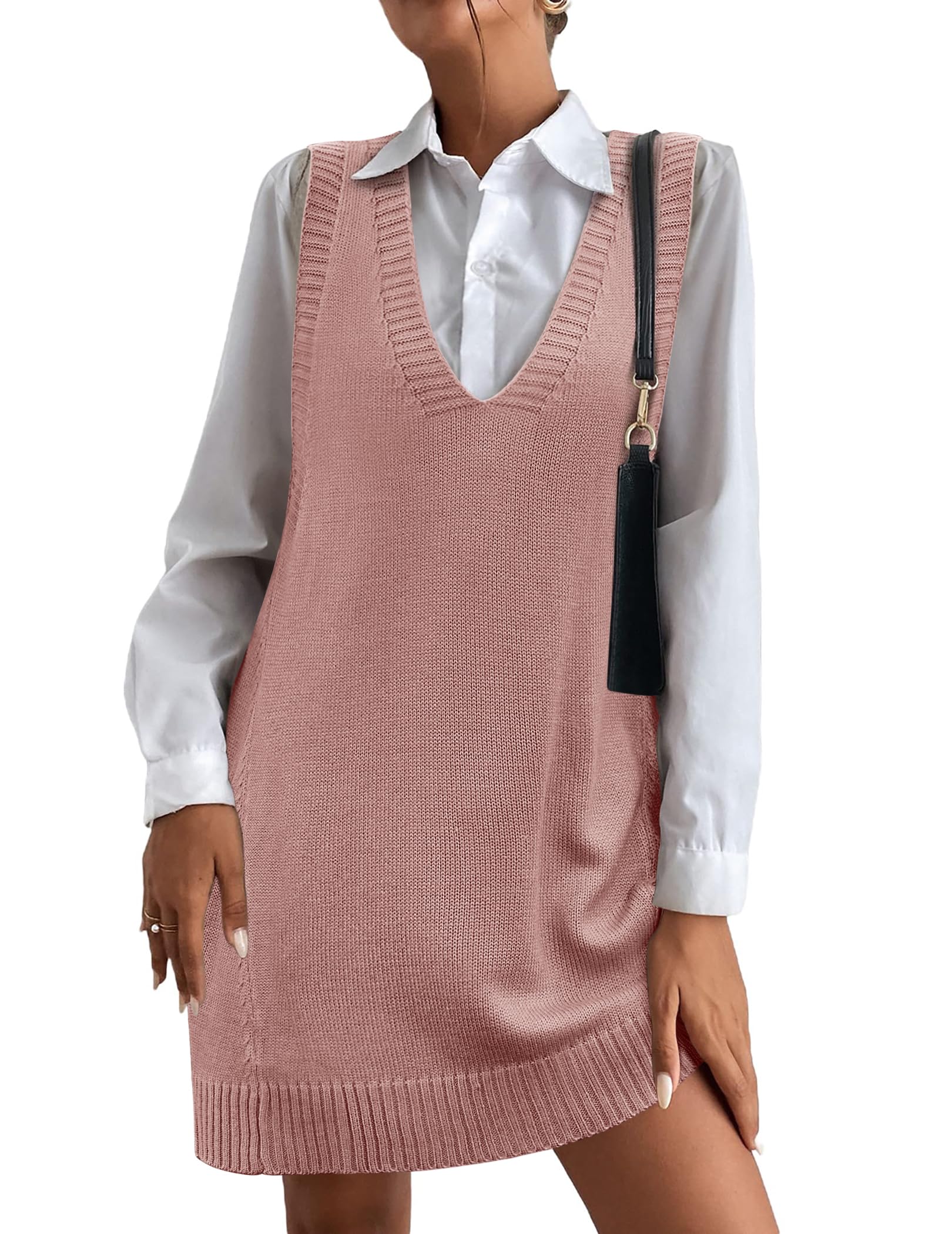 Women Oversized V Neck Sleeveless Knit Pullover Ribbed Vest Dress with Pockets