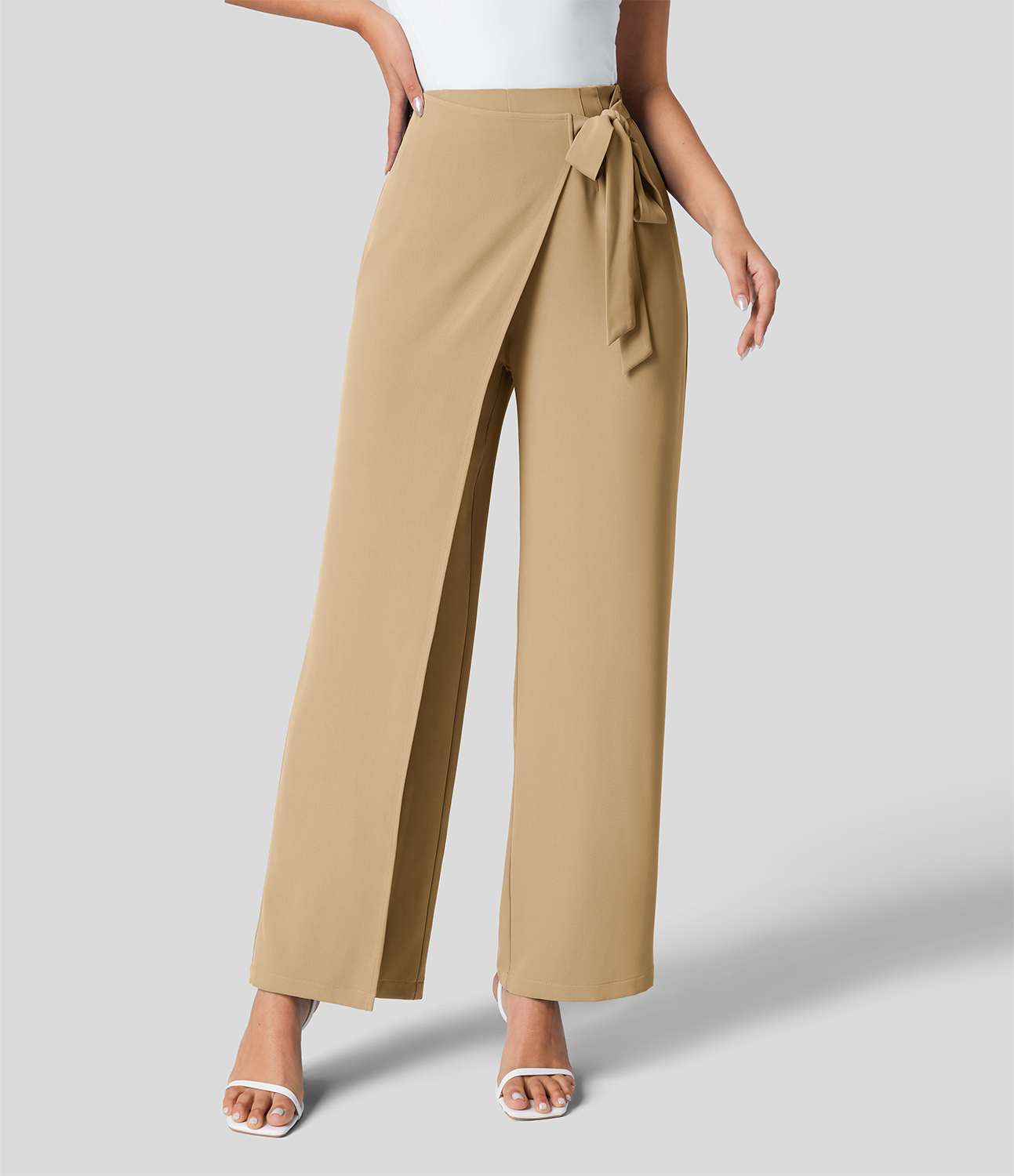 High Waisted Tie Side Invisible Zipper Wide Leg Work Suit Pants
