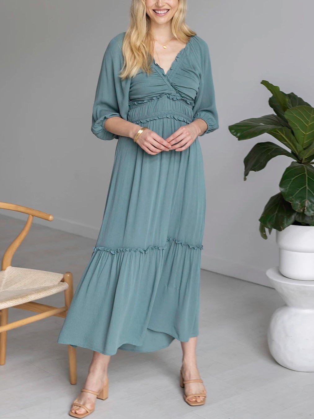 V-neck Smocked Ruffled Tiered Dress